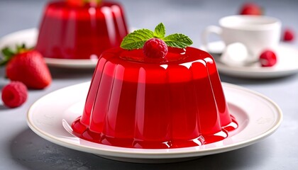 A vibrant red jelly dessert topped with mint and a fresh raspberry