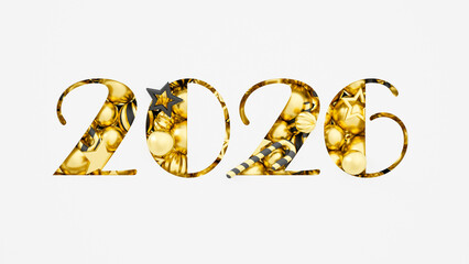 Minimalist New Year 2026 concept with golden holiday decorations inside cutout numbers on white background. Elegant festive design for greetings, seasonal projects. 3d rendering illustration not AI