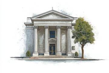 Exterior of bank. Classis building against white background. Watercolor digital art