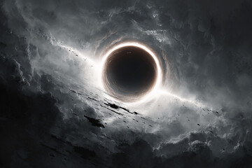 Spaceship sailing on the orbit of the black hole. Digital art.