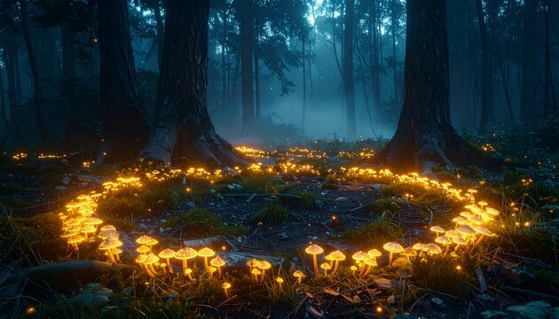 Enchanted forest at twilight, illuminated by a mesmerizing circle of bioluminescent fungi, evoking a sense of ancient magic and otherworldly mystery