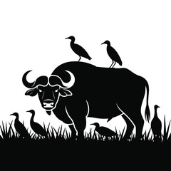 Silhouette of a buffalo with birds perched on its back and in the grass