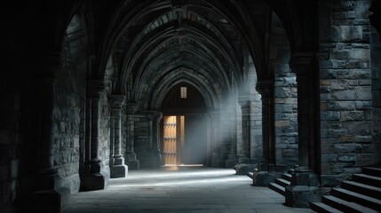 Fototapeta premium Enigmatic Gothic Archways of an Ancient Stone Corridor Illuminated by Mysterious Light Streaming Through a Majestic Doorway in an Old Vintage Building