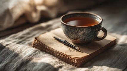Cozy Tea Moment: A cup of warm tea rests peacefully on an old journal beside a pen, bathed in soft sunlight, perfect for reflection and relaxation.