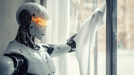 A Kiberg robot from the cleaning service washes a large window and wipes it with a cloth, ensuring a spotless window.