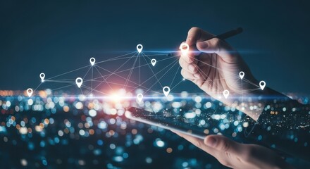 Closeup of a hand using a stylus on a tablet, interacting with a network of location pins over a cityscape