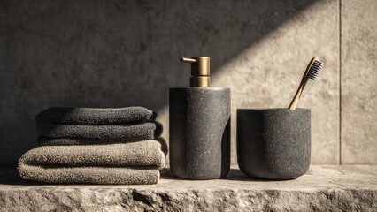 Elevated Bathroom Essentials: A minimalist arrangement of meticulously stacked towels, a sophisticated soap dispenser, and a sleek toothbrush holder, embody the epitome of modern bathroom luxury.