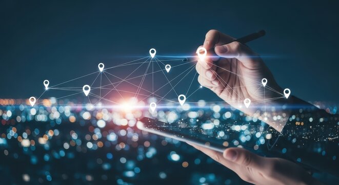 Closeup of a hand using a stylus on a tablet, interacting with a network of location pins over a cityscape