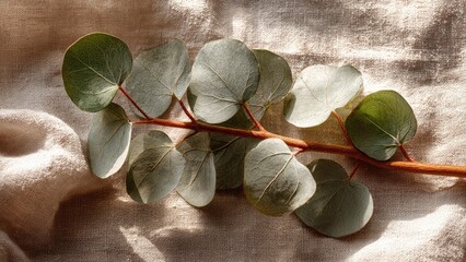 Eucalyptus Branch on Fabric: Delicate eucalyptus leaves gracefully rest atop a textured fabric surface, illuminated by soft, natural light, creating a sense of tranquility and organic elegance.