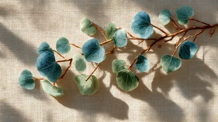 Eucalyptus Branch on the Table: A close-up shot of a eucalyptus branch, with its distinctive round leaves, lies gracefully on a textured surface, showcasing the subtle beauty of nature's artistry.