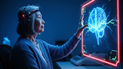 senior woman wearing headset views brain. eeg readout and neuroscience visuals display onscreen. research and healthcare technology support cognitive scan. patient reaches toward diagnostic interface. - Powered by Adobe