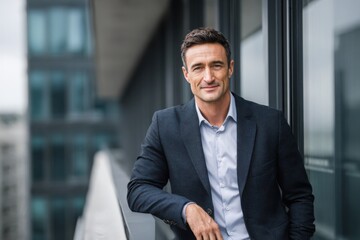 Fototapeta premium A handsome stylish man smiling while standing outside a contemporary office complex, representing success, confidence, and modern business life.