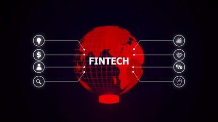 Red globe with fintech text and glowing icons representing finance technology innovation. Fintech connects finance and technology. Global innovation drives investment, growth and communication. - Powered by Adobe