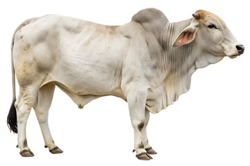 A gray Brahman cow with right side view standing isolated on white background and generated with AI