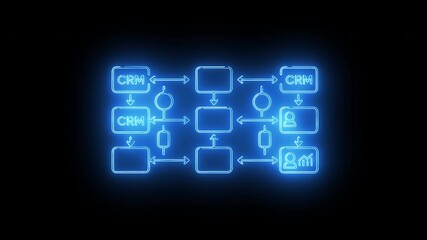 Glowing blue digital flowchart visualizing an interconnected customer relationship management system, highlighting data exchange, user profiles, and dynamic business process architecture - Powered by Adobe