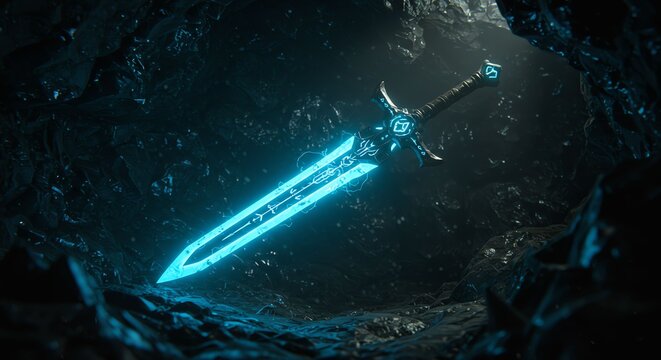 Futuristic Glowing Sword Embedded in Dark Cave with Blue Light Effects