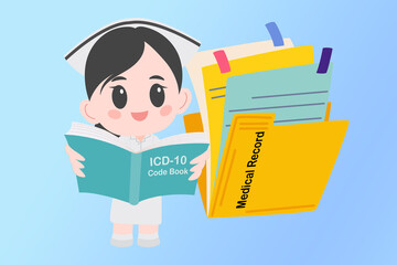 Cartoon nurse holds ICD-10 code book with medical record folder.