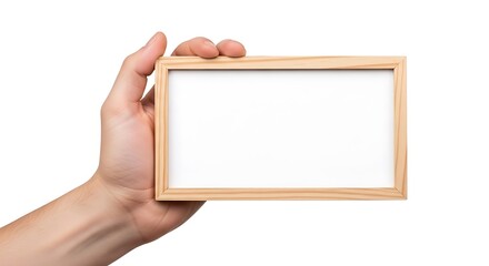 Obraz premium Isolated Human Hand Holding Blank Horizontal Wooden Photo Frame