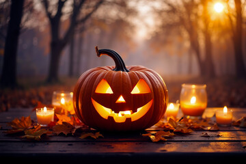 Glowing jack-o'-lantern with cheerful smile surrounded by flickering candles and autumn leaves in forest setting. Generative AI.