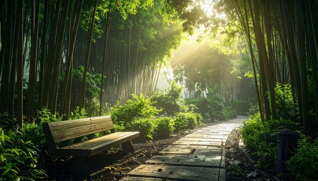 Tranquil Bamboo Forest Path with a Wooden Bench and Sunlit Glade