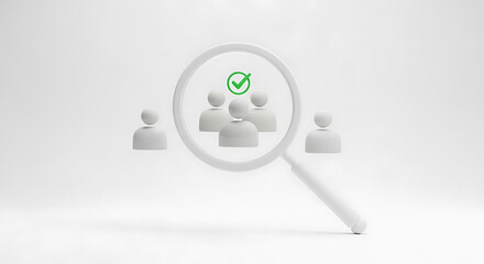 A magnifying glass focuses on a group of people with a green checkmark above them on white background