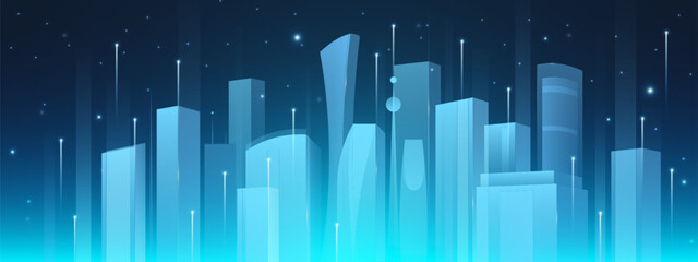 Futuristic city skyline with blue skyscrapers. Vector realistic illustration of modern cityscape with neon high-rise buildings and global network lines, digital world architecture, presentation design