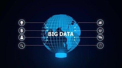 Big data connects global technology and information. Analysis and innovation drive business and growth.Animated digital globe with big data text and surrounding icons representing finance growth - Powered by Adobe