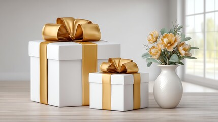 Gift boxes and Flowers: Elegant Gift boxes adorned with golden ribbons, paired with a beautiful floral arrangement, are the epitome of sophistication and celebration.
