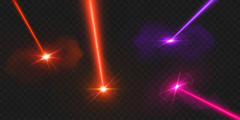 Bright laser beam effects with red, pink and purple light rays on transparent bg for futuristic design. Glowing star flares with neon streaks. Energy burst set for sci-fi or technology graphics.