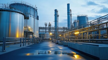 Obraz premium Industrial plant at twilight, showing large metal tanks, pipes, and structures.