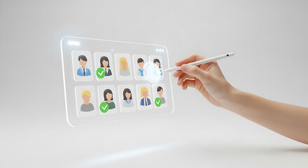 Hand selecting candidate on transparent screen with stylus for job recruitment process concept