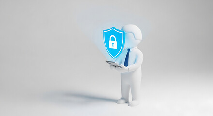 White figure holding phone with blue security shield and padlock icon on a white background space