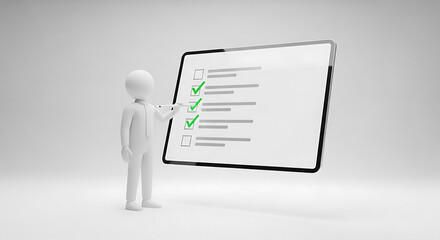 A stick figure pointing at a digital checklist with green checkmarks against a white background