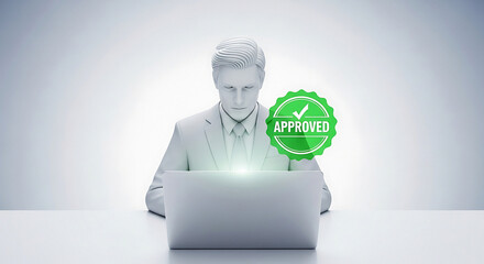 White statue of a businessman using a laptop with an approved green sticker next to the computer