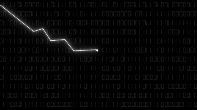 Dramatic white arrow plunging downward symbolizing financial decline over binary code background implying market crash.