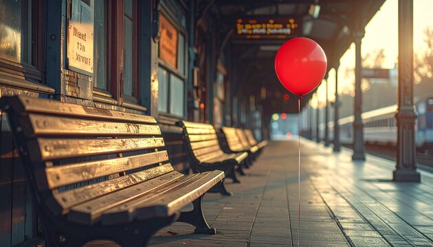 A solitary red balloon brings a touch of surreal color to an empty vintage train station platform, symbolizing hope, loneliness, or a forgotten memory at sunrise