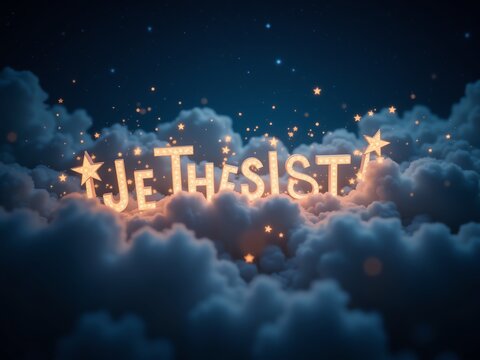 Luminous ethereal clouds with glowing text spelling "Je The Sist" create a dreamy celestial scene.