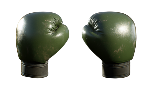 Two worn olive green boxing gloves detailed with scuff marks are positioned symmetrically against a stark black backdrop
