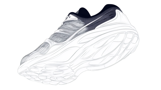 Modern athletic running shoe featuring a textured dark mesh upper and a sculptural white midsole with intricate lines