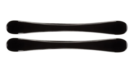 Two glossy black elongated slightly curved objects with reflective silver edged trim horizontally aligned isolate