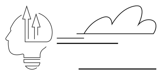 Minimalist line art of a human head-shaped lightbulb with upward arrows and a cloud. Ideal for creativity, growth, innovation, brainstorming, problem-solving, leadership, and progress. A simple flat