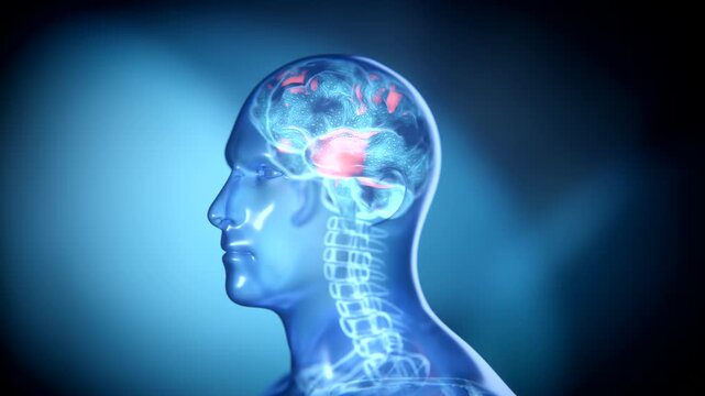 Translucent human head with glowing intricate red-blue wireframe hologram brain. 3d render animation 4k - Powered by Adobe