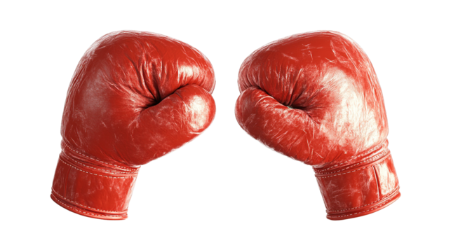 A pair of vibrant red leather boxing gloves displaying detailed texture and white stitching presented facing each other