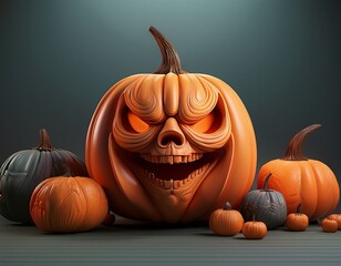 Eerie Halloween Pumpkin Display: A gathering of grinning pumpkins with carved faces and glowing eyes creates a spooky scene for All Hallows' Eve, inviting an atmosphere of anticipation and dread.