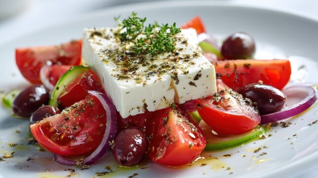 Kalamata Olives With Feta. Fresh Greek Salad with Tomatoes, Cheese, and Healthy Ingredients
