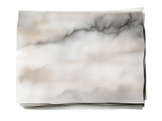 Stacked watercolor art paper sheets displaying soft gray and muted beige abstract paint washes with textured surface