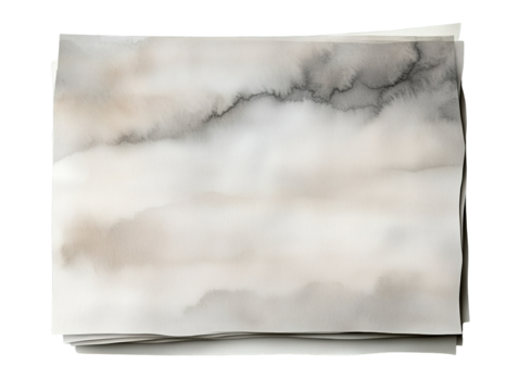 Stacked watercolor art paper sheets displaying soft gray and muted beige abstract paint washes with textured surface