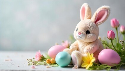 Adorable Plush Easter Bunny Amidst Pastel Eggs and Spring Flowers Perfect for Easter Crafts, Spring Decorations, and Whimsical Designs