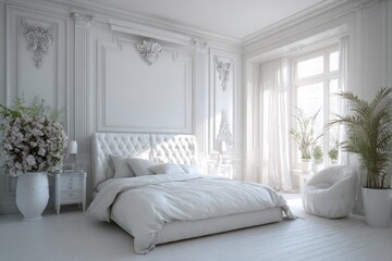 Luxury Bedroom Side Wall. Scandinavian Style White Bedroom Interior with Bright and Contemporary Design