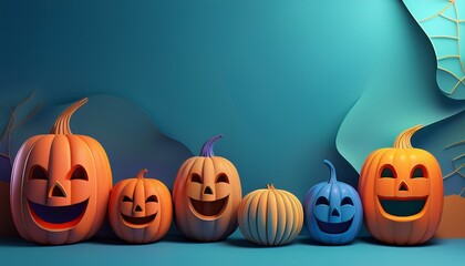 Jack O'Lanterns Halloween: A playful assortment of jack-o'-lanterns, carved with cheerful expressions, sit in a row against a vibrant backdrop. The image captures the essence of Halloween spirit.